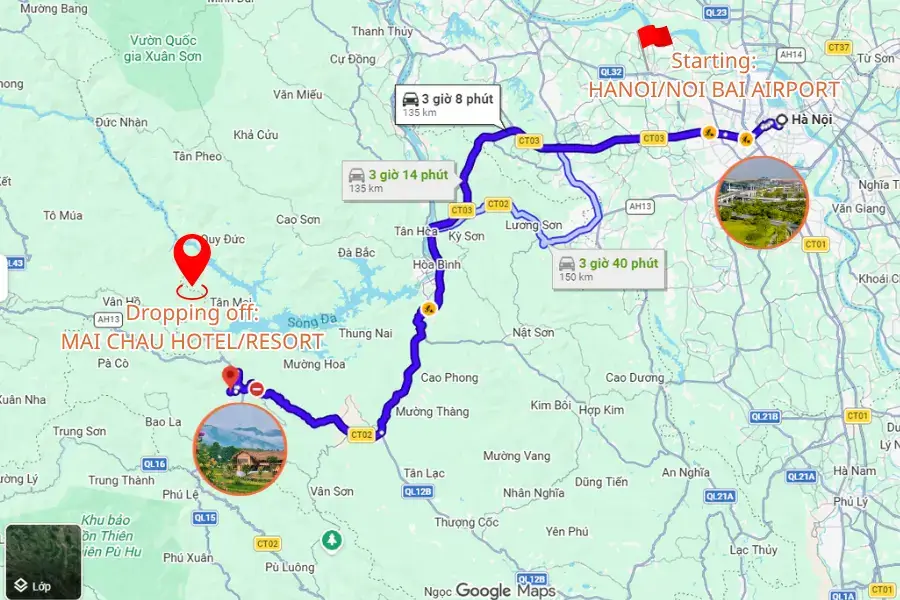 Hanoi to Mai Chau Private Car Route Map